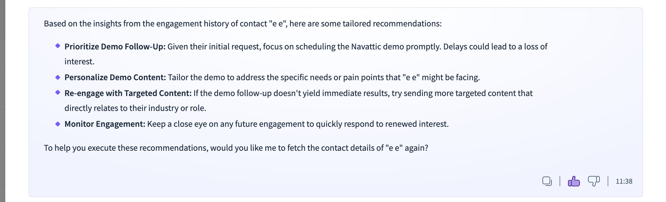 Recommendations for improving engagement with contact 'e e' based on insights.